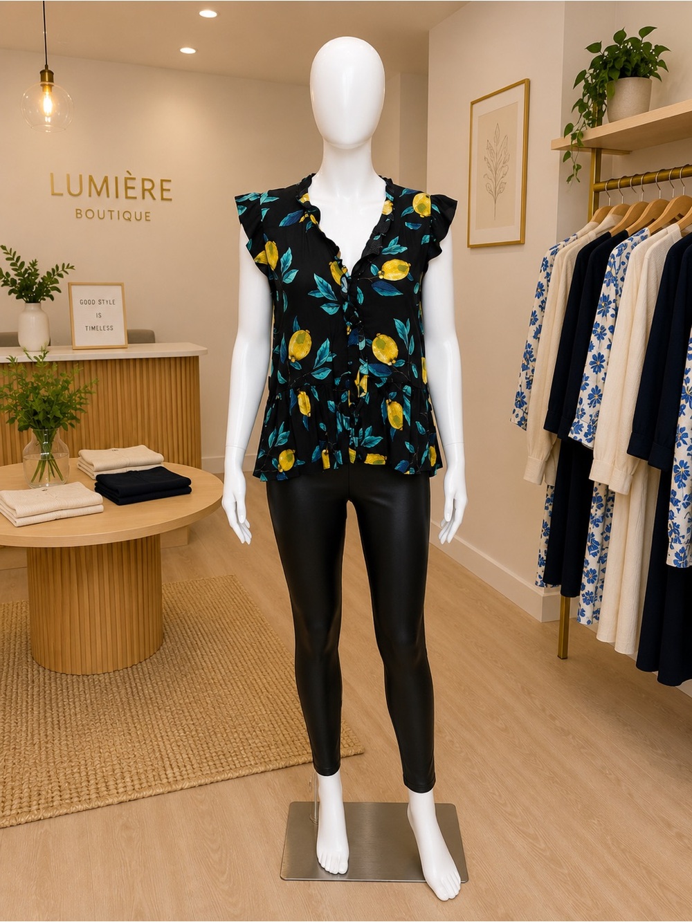 Jessica Simpson Black Blouse with Yellow and Blue lemon Leaf Print